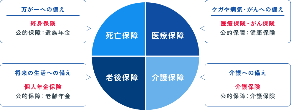 
						死亡保障 万が一への備え 終身保険 公的保障：遺族年金
						老後保障 将来の生活への備え 個人年金保険 公的保障：老齢年金
						医療保障 ケガや病気・がんへの備え 医療保険・がん保険 公的保障：健康保険
						介護保障 介護への備え 介護保険 公的保障：介護保険