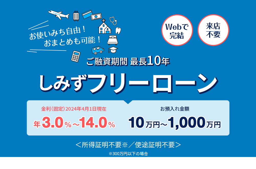 お使いみち自由！おまとめも可能！Webで完結　来店不要 ご融資期間最長10年　しみずフリーローン 金利（固定）2024年3月1日現在　年3.0％～14.0％　お預入れ金額　10万円～1,000万円　＜所得証明不要※／使途証明書不要＞※300万円以下の場合