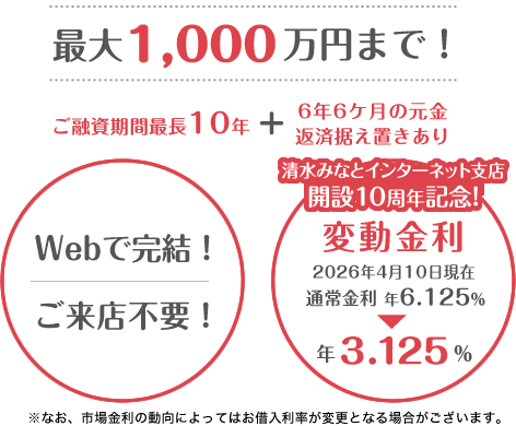 Webで完結！ご来店不要！最大1,000万円まで！ご融資期間最長10年＋6年6ケ月の元金返済据え置きあり