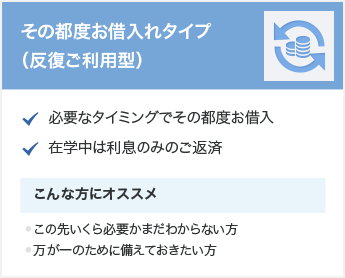 その都度お借入れタイプ(反復ご利用型)。必要なタイミングでその都度お借入。在学中は利息のみのご返済。こんな方におオススメ この先いくら必要かまだ
わからない方、万が一のために備えておきたい方。