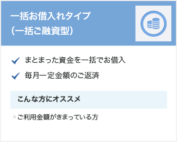 一括お借入れタイプ(一括ご融資型)。まとまった資金を一括でお借入。毎月一定金額のご返済。こんな方にオススメ ご利用金額がきまっている方。